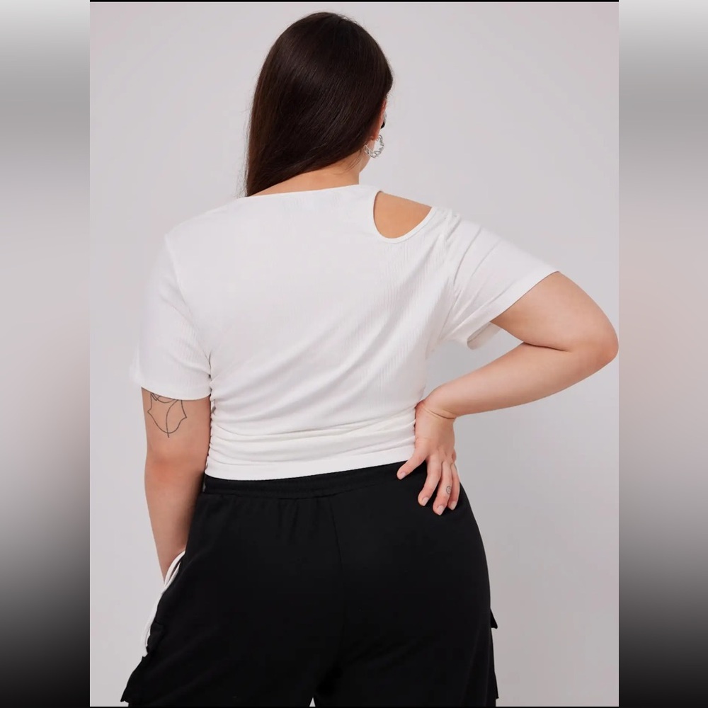 CIDER White Ribbed Knit Blouse – Cut-Out Details & Adjustable Drawstrings - Picture 2 of 4